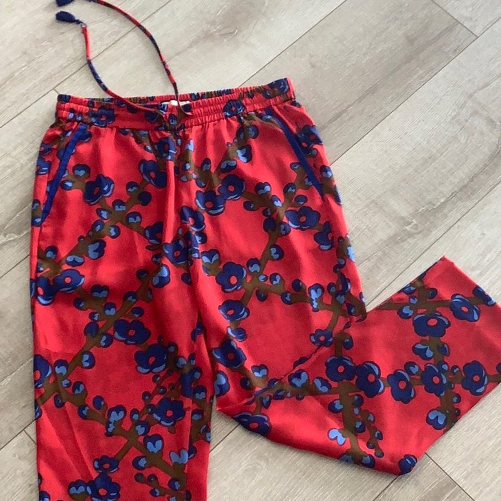 J crew collection,women’s,Drapery Latice floral pants,red,pull on draw string,6